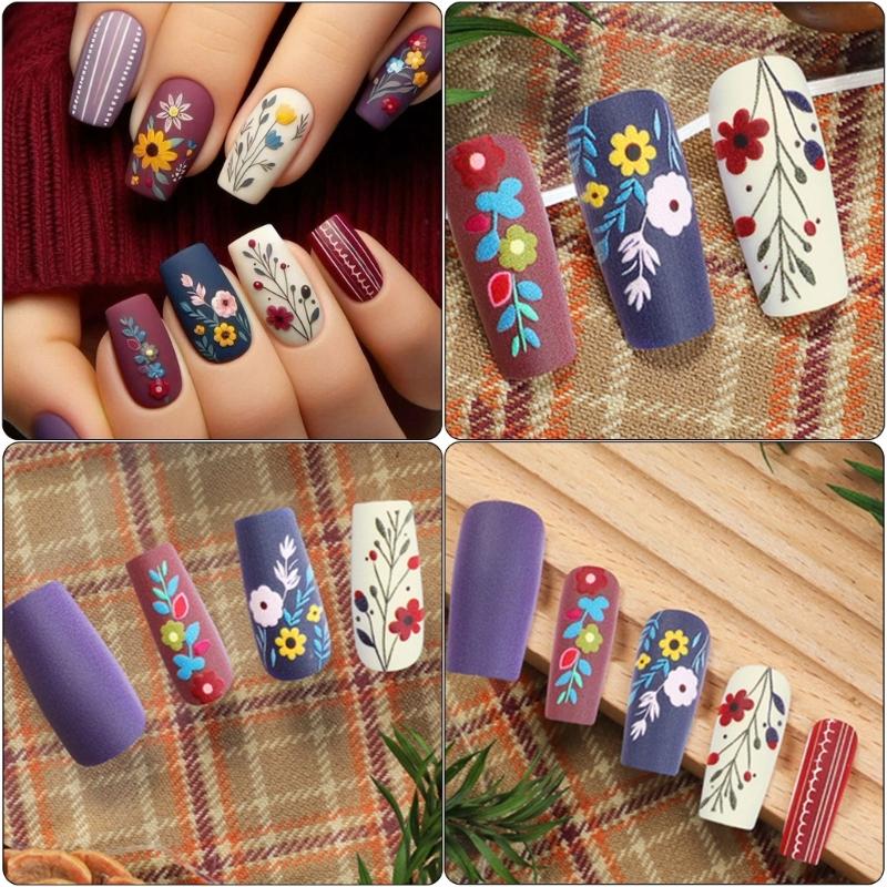 Středně dlouhé umělé nehty Plné krytí Akrylové nehty s matnými květinovými vzory Snadná aplikace pro elegantní nehtové umění 24 ks