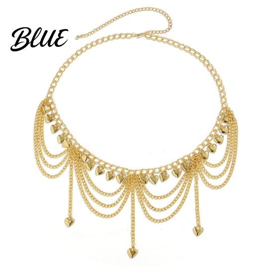Waist Chain Metallic Solid Color Heart Pendant Multi Layer Tassel