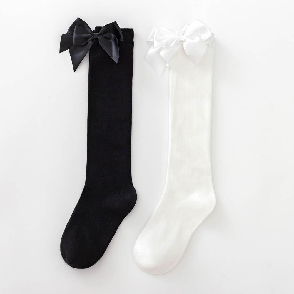 Șosete lungi negre uni cu fundă pentru femei, Șosete drăguțe până la jumătatea gambei, Șosete lungi albe din bumbac