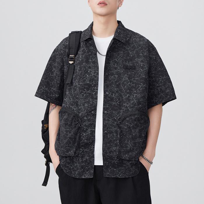 

Новая японская ретро летняя рубашка с лацканами и короткими рукавами на молнии, свободная и повседневная 4XL чёрный