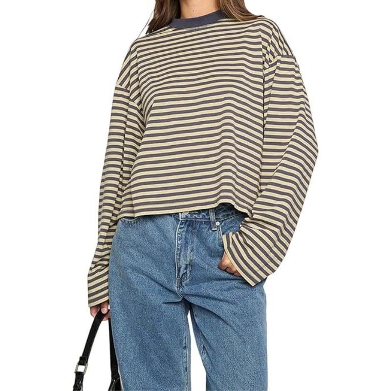 Women Retro T-shirt Long Sleeve Crew Neck Loose Ladies Fall Casual Striped Top Streetwear