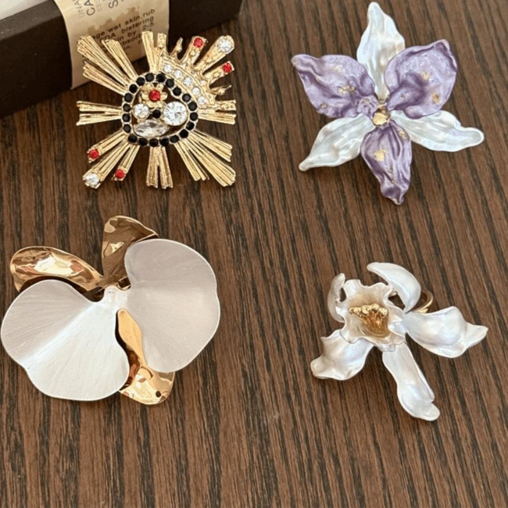 White Iris Flower Drip Oil Flower Ring Butterfly Orchid French Irregular Ring  Women