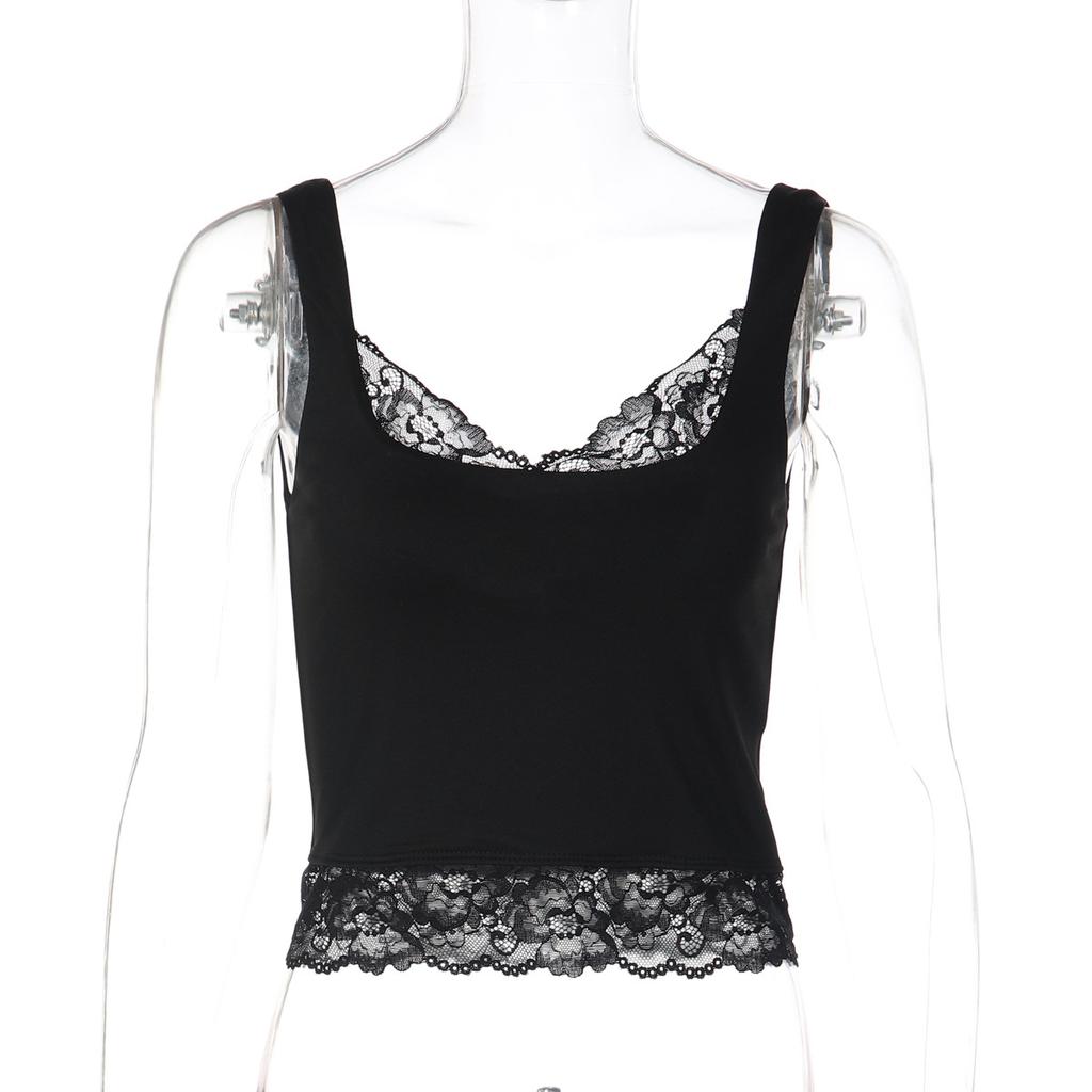 European and American Ins Style Fashion New Sexy Lace Versatile Solid Color Spice Girl Style Short Vest Top Women's Clothing