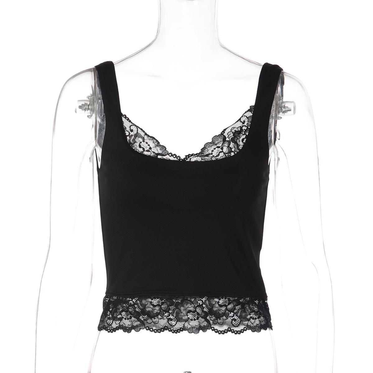 

White Summer Lace Tanks Top Women Sexy Slim Plunge Sleeveless Short Vest Fashion 2026 Summer New Lady Club Party Camis Y2K Tops Tee L чорний