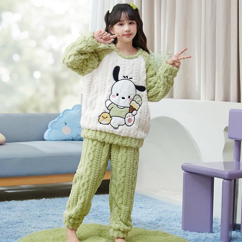 Kids Flannel Pajamas Set Boys Girls Warm Long Sleeve Top And Pants Sleepwear Winter Home Nightwear