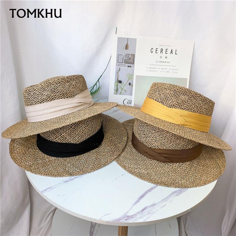 2024 New Summer Women Wide Brim Seagrass Straw Hat Fashion Lady Kentucky Derby Sun Hats Boater Panama Beach Cap Chapeu Feminino