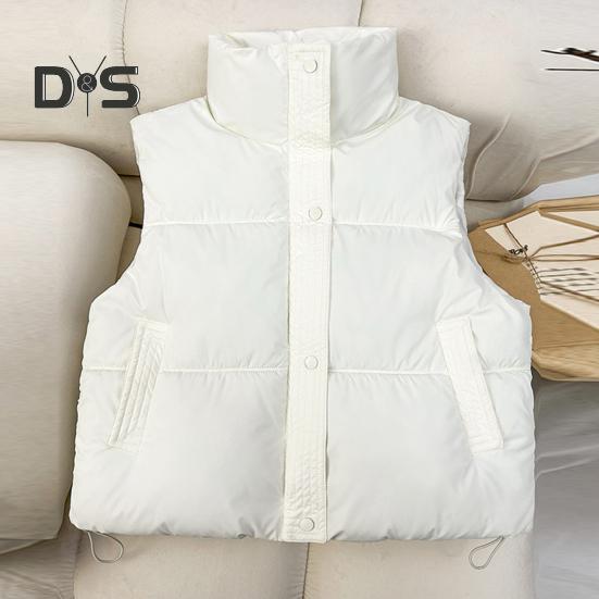 Zimowy damski płaszcz kamizelkowy pogrubiony wyściełany zapięcie na zamek błyskawiczny kołnierz stójka bez rękawów jednolity kolor wodoodporny zatrzymujący ciepło płaszcz puchowy na zewnątrz