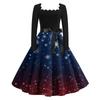 Women's Fashion Retro Long-sleeved Square Collar Christmas Printed Evening Dress