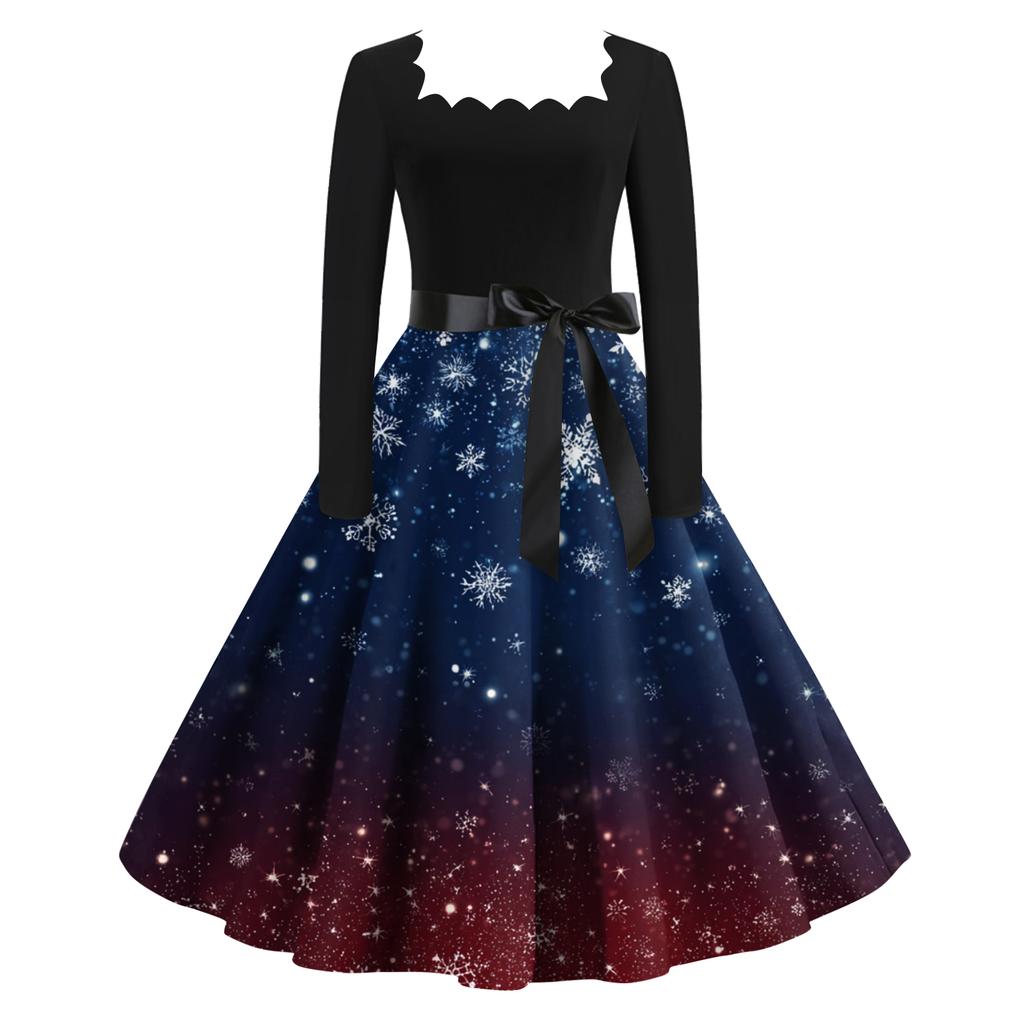 Women's Fashion Retro Long-sleeved Square Collar Christmas Printed Evening Dress