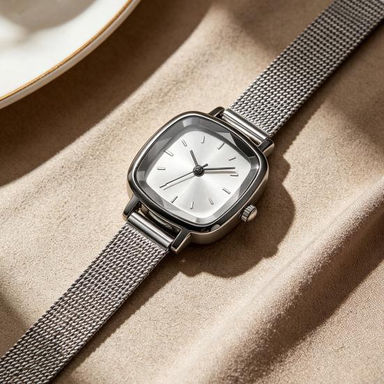 Unisex Quarzuhr Minimalistische Quadratische Zifferblattuhr Retro Mesh-Armband Armbanduhr für Männer Frauen Arbeit Schule