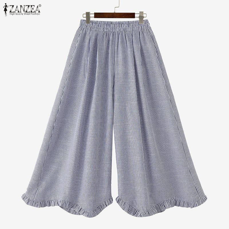 ZANZEA Women Casual Elastic Waist Loose Stripe Print Wide Leg Pants