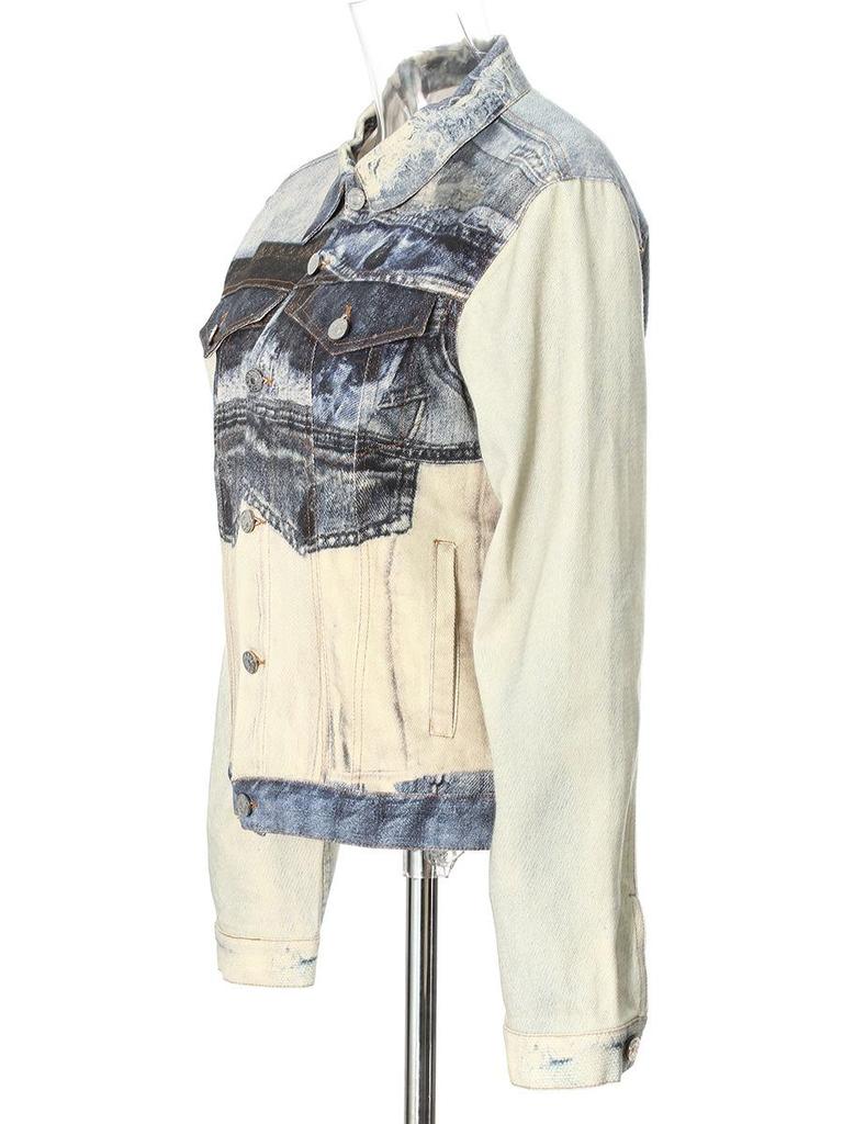 Damen Retro Slim-Fit Rissige Jeansjacke mit Visuellem Print