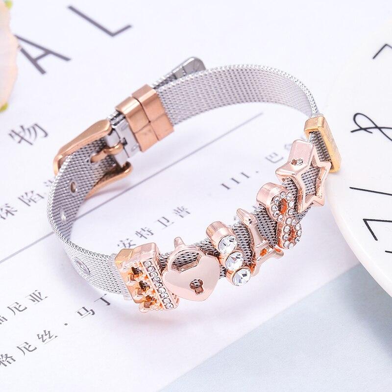 Wysokiej Jakości Bransoletka Siatkowa ze Stali Nierdzewnej w Kolorze Różowego Złota Charmsy Love Lock Delikatna Bransoletka Europejskie Akcesoria do Zegarka Damskiego