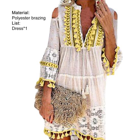 Deep V Neck Mini Dress Solid Color Women Tassel 45720 Sleeve Shift