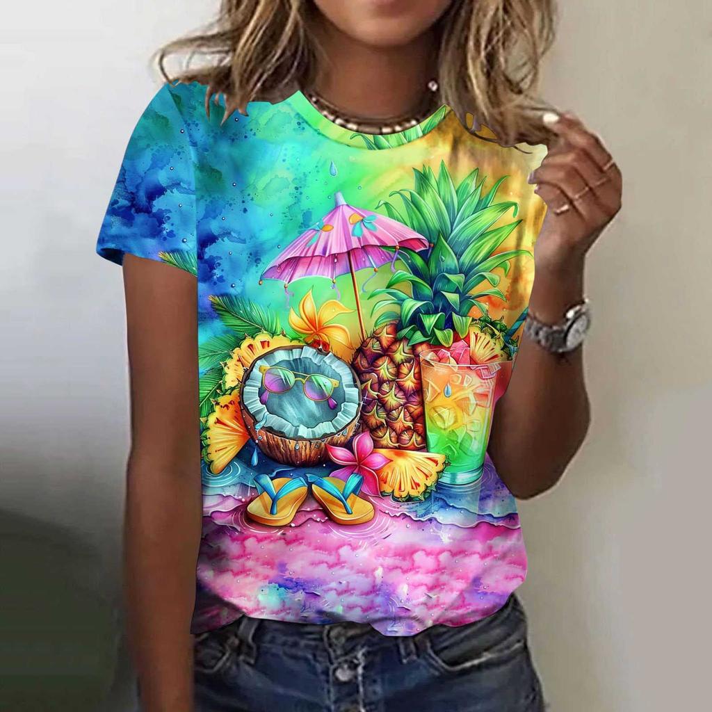 Summer Fruit Coconut Tree Gradient 3D Print Beach T-Shirts Short Sleeve O-Neck Women's T-shirts