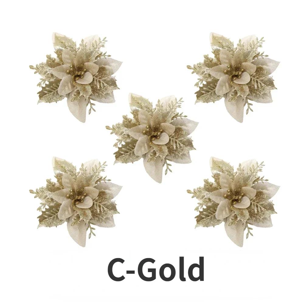 20/5PCS Artificial Glitter Christmas Flowers with Clip Xmas Tree Hanging Ornament Fake Flower New Year Party Home Decor Supplies