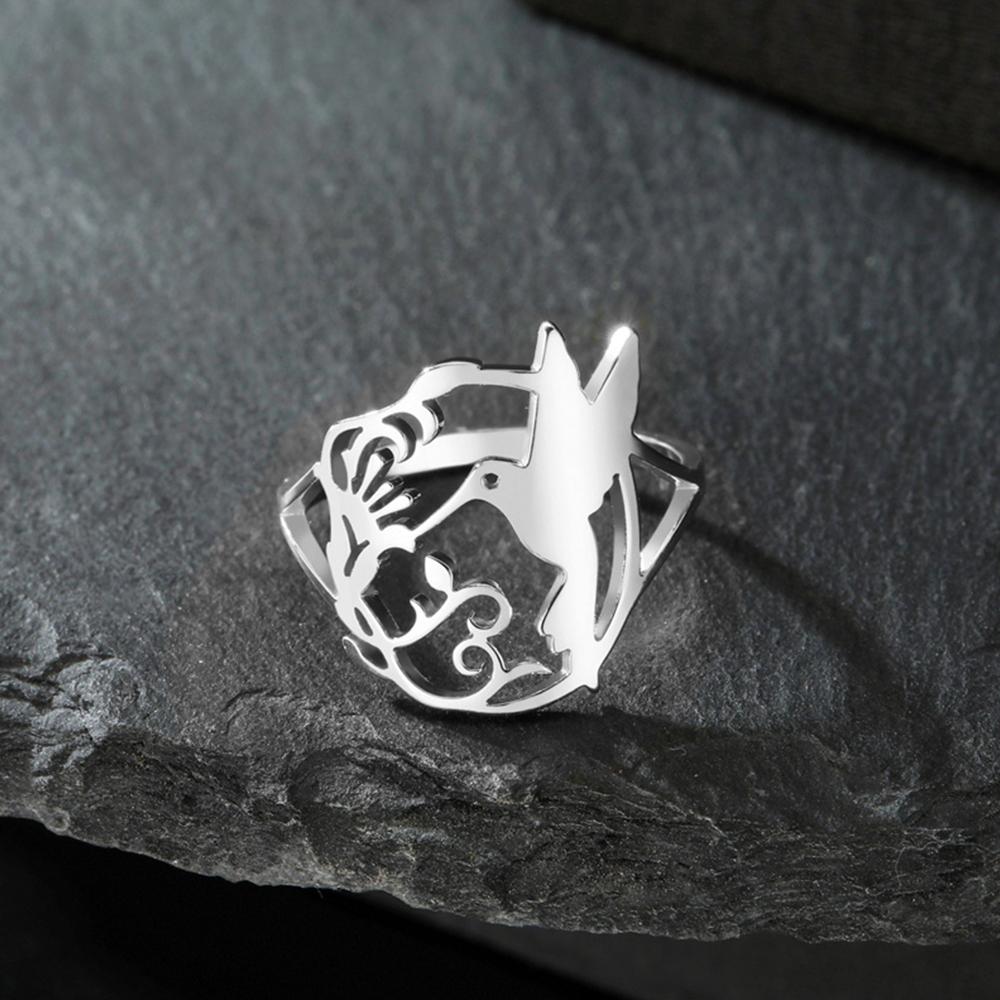 

My Shape Hummingbird Flower Rings for Women Birds Bell Flower Steel Color Finger Ring Lucky Fashion Stainless Steel Jewelry Gift 8