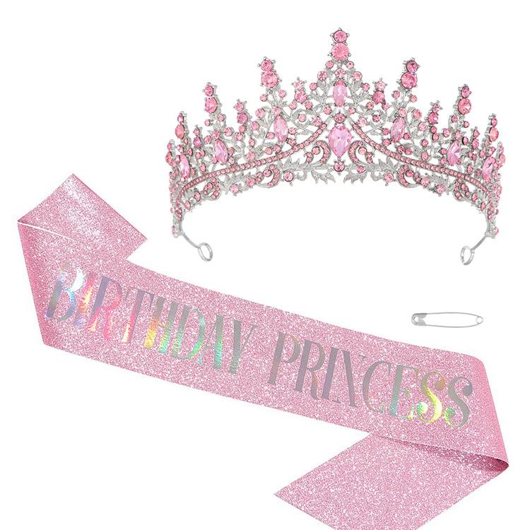 Birthday Queen Pink Crown Strap Set Birthday Queen Crystal Rhinestone Crown Party Accessories