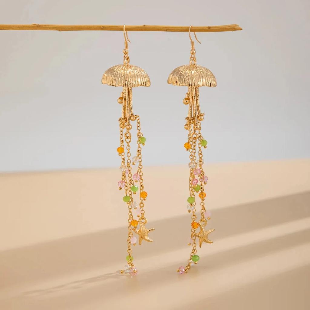 Boho Starfish Scallop Metal Long Tassel Earrings Women Summer Beach Vacation Gold Color Jellyfish Shiny Crystal Earrings Jewelry