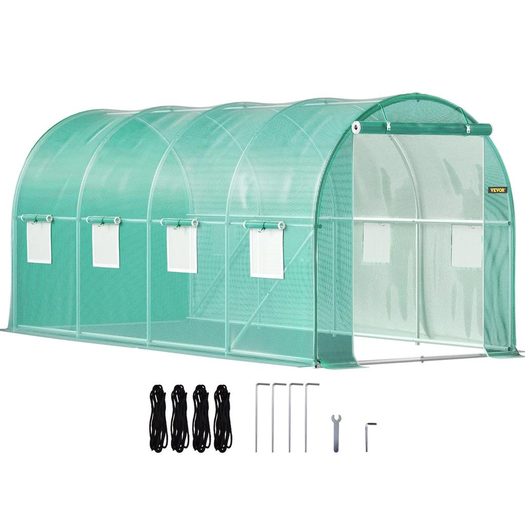 VEVOR Walk-in Tunnel Greenhouse, 4.5 x 2 x 2 m /15 x 7 x 7 ft Portable Plant Hot House w/ Galvanized Steel Hoops, 1 Top Beam, 2 Diagonal Poles