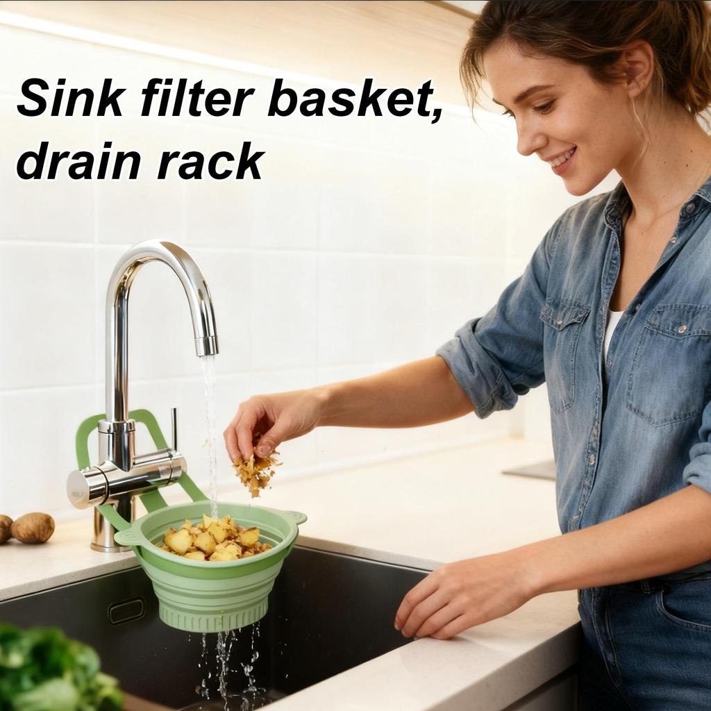 Kitchen Sink Strainer Basket Wall-mounted Waste Collector Foldable Pour-over Faucet Hanging Rack for Kitchen Salad Berry Mixing