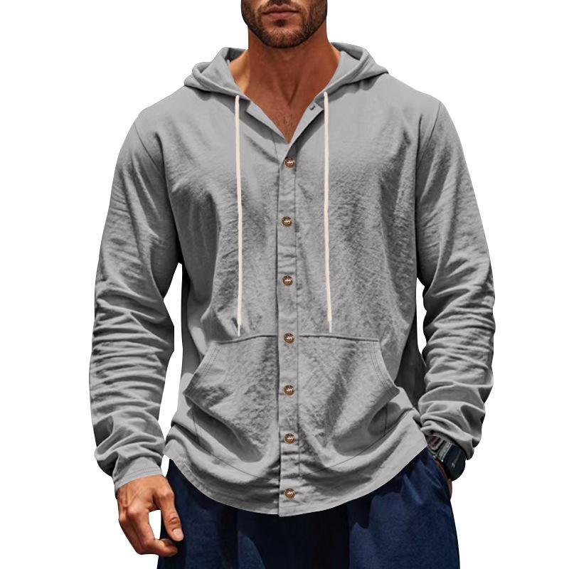 

Весенне-осенняя свободная мужская рубашка свободного кроя, повседневная простая пляжная рубашка с капюшоном и длинным рукавом L серый