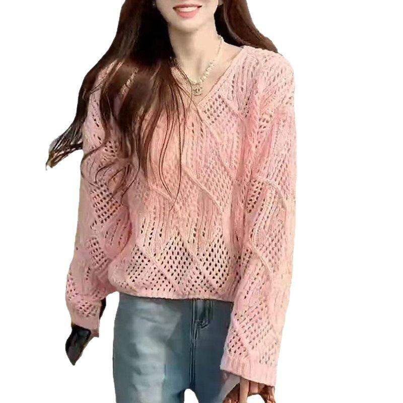 Hohl gestrickter V-Ausschnitt Pullover neu lässig und vielseitig locker und dünn Pullover einfarbig langärmliges Oberteil