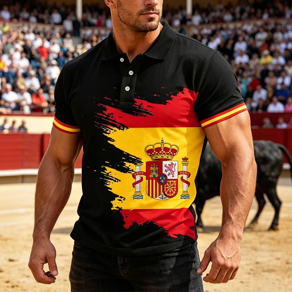Men's Classic Polo Shirt Spanish Football Inspired Design Bullfighter and Bull Graphic Short Sleeve Casual Fit Top