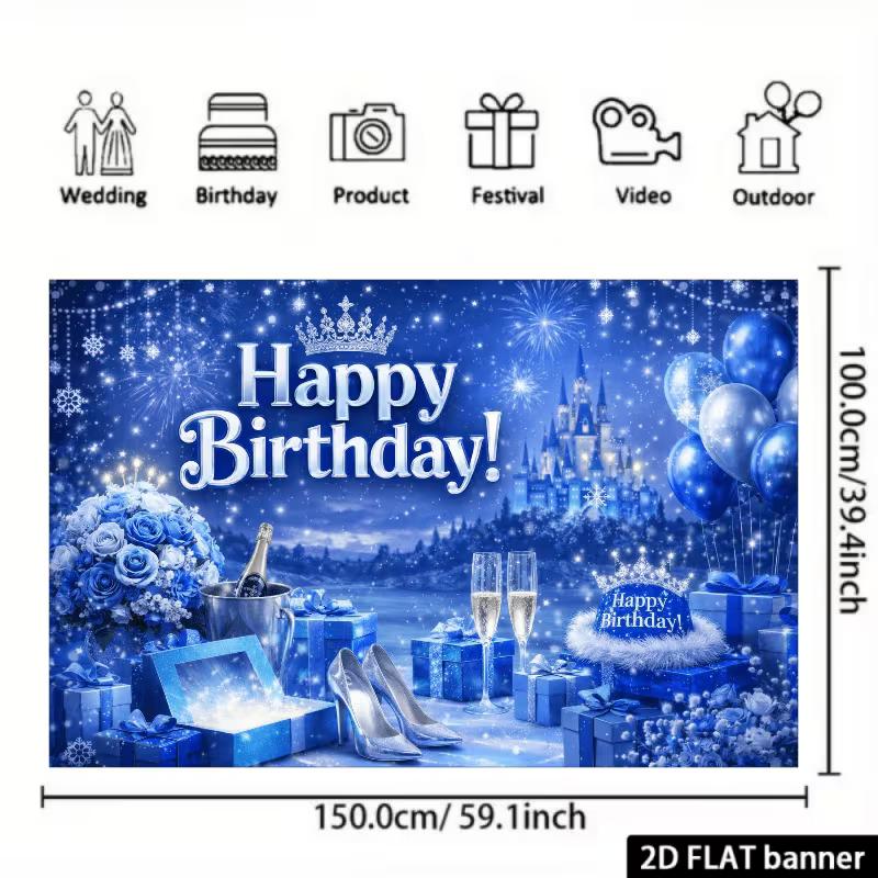 2D Birthday Background Blue Castle Silver High Heels Decor