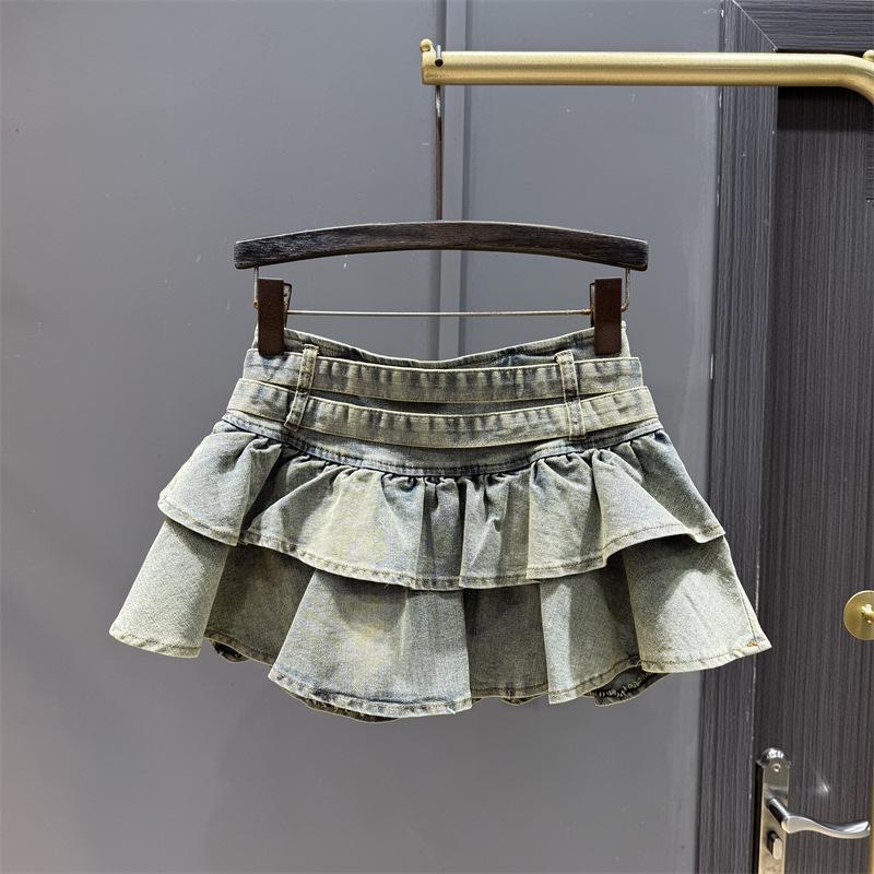 Summer ruffle edge denim skirt female retro spice girl age reduction and thin anti-light a-word pleated skirt