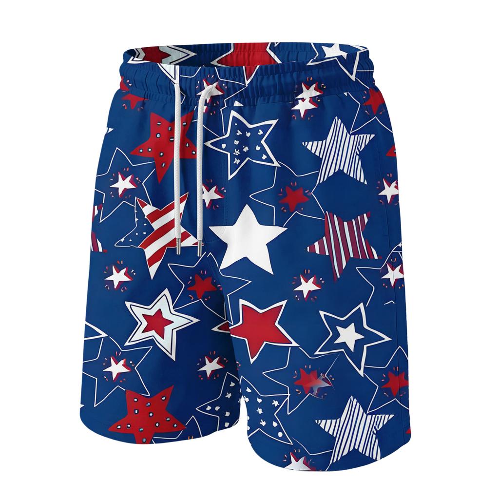 Men's Casual Drawstring Waist Shorts Lightweight Breathable Fabric Relaxed Fit Summer Beachwear with July 4th Fireworks Print