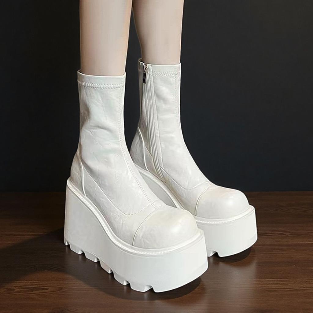 Super high heel thick-soled short boots women's white boots small man height-increasing and thin short thin boots