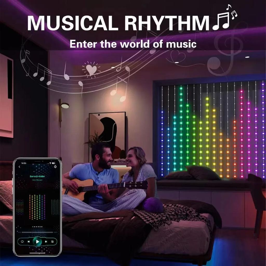 800LEDs Smart Curtain Lights Bluetooth App LED String RGB Fairy Lights DIY Music Change Display for Window Bedroom Decoration