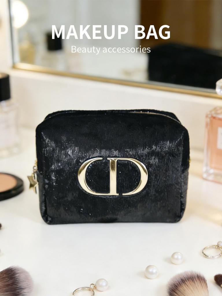 Dior Schwarze Kosmetiktasche mit goldenem Logo, tragbarer Reise-Make-up-Organizer