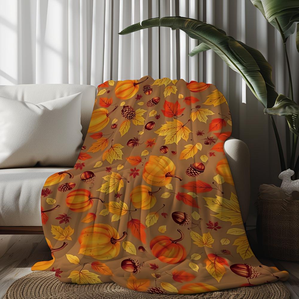 1 Autumn Pumpkin Maple Pinecone Acorn Print Blanket, Warm and Cozy Soft Throw for Sofa Bed Car Office Camping Travel, All-Season