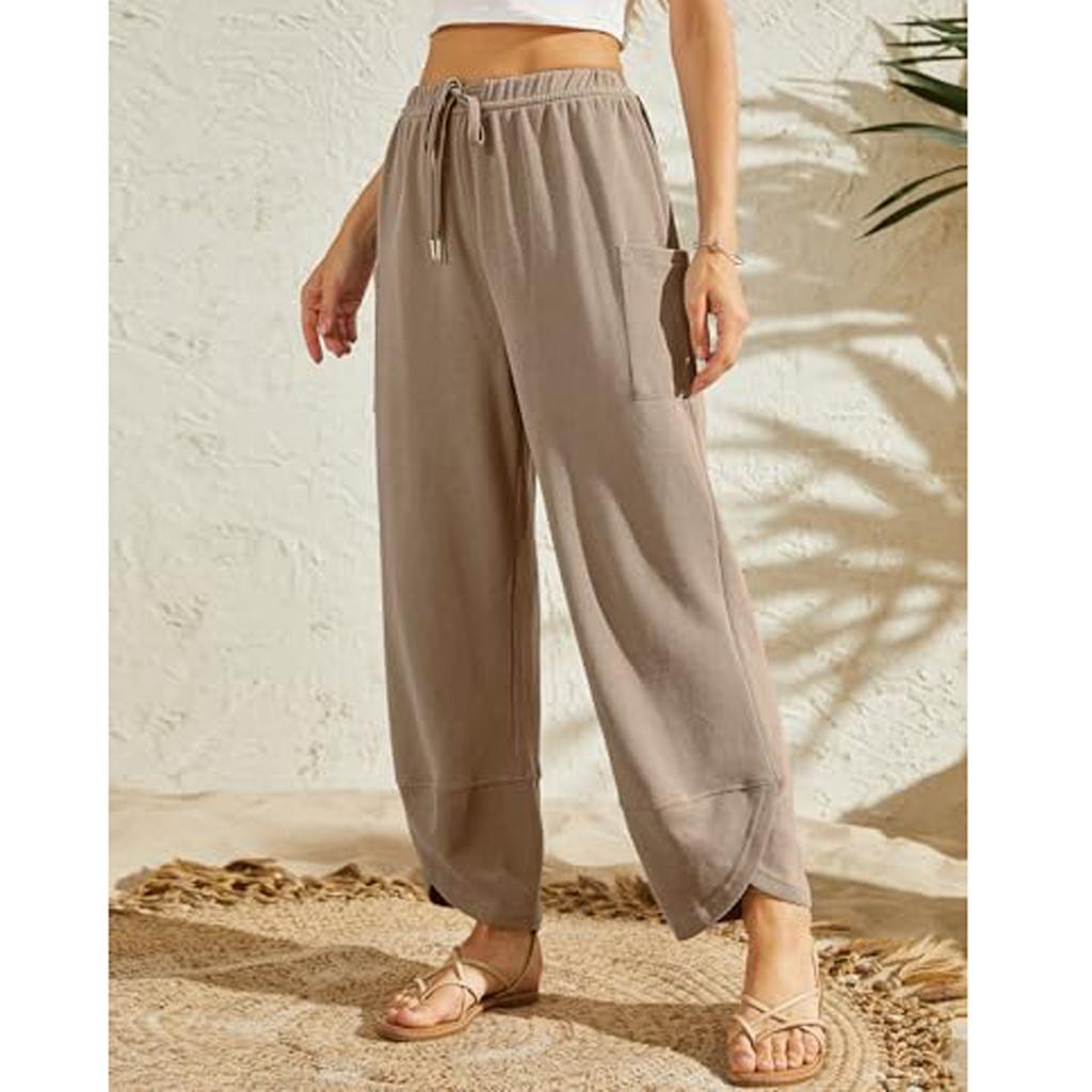 Women Elastic High Waist Pant Casual Fit Wide Leg Long Pants Trousers With Pockets