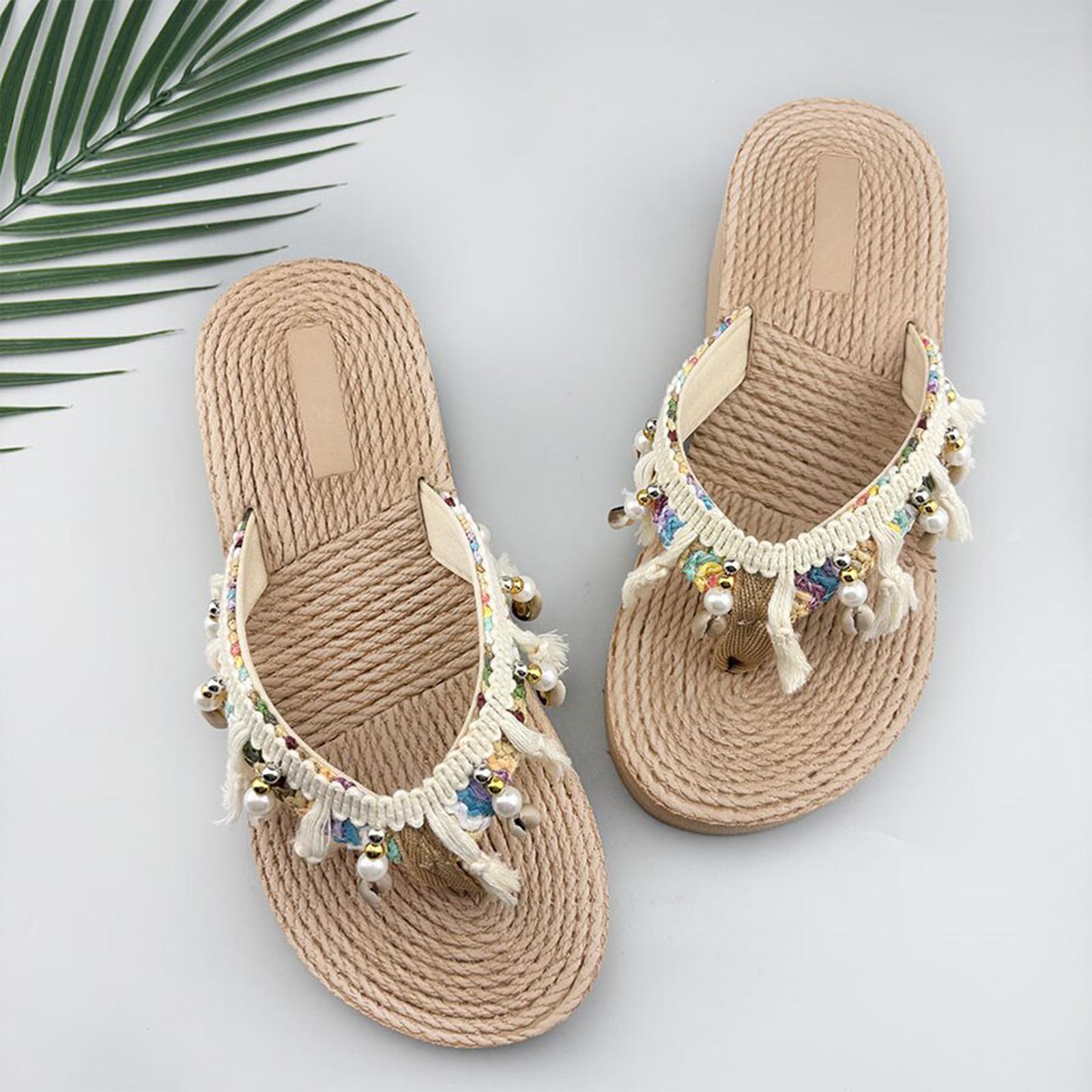 

Summer women s handmade woven ethnic cool slippers 36 бежевый