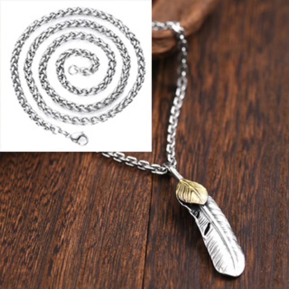 Xinqin Jewelry 925 Silver Feather Necklace Men's Trendy Brand Retro Hip Hop Couple Personalized Versatile Silver Pendant