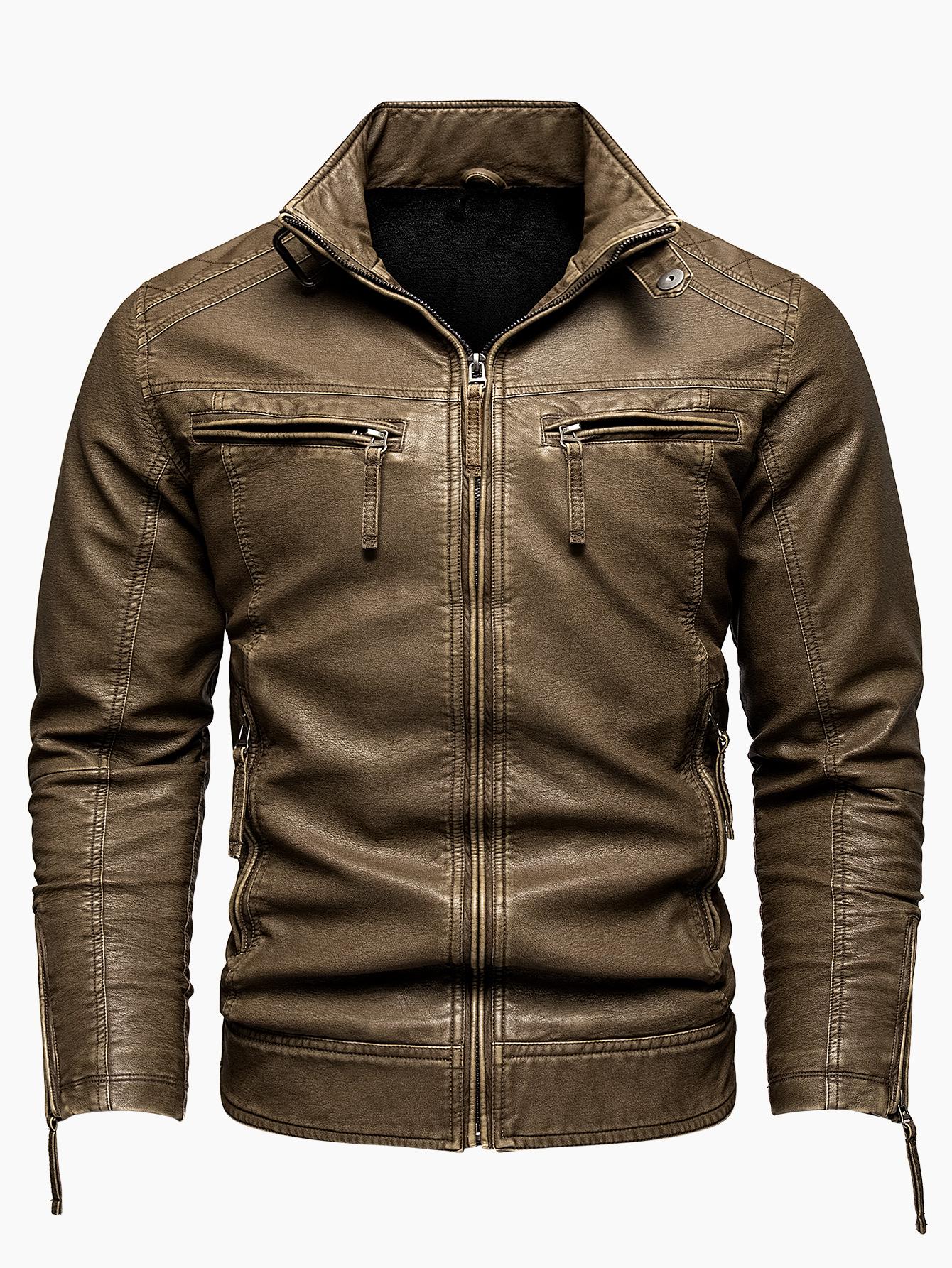 

Men s Plus Size PU Leather Jacket, Fleece-Lined, Thick Stand-Up Collar, European Size Motorcycle Coat for Autumn/Winter. XXXL