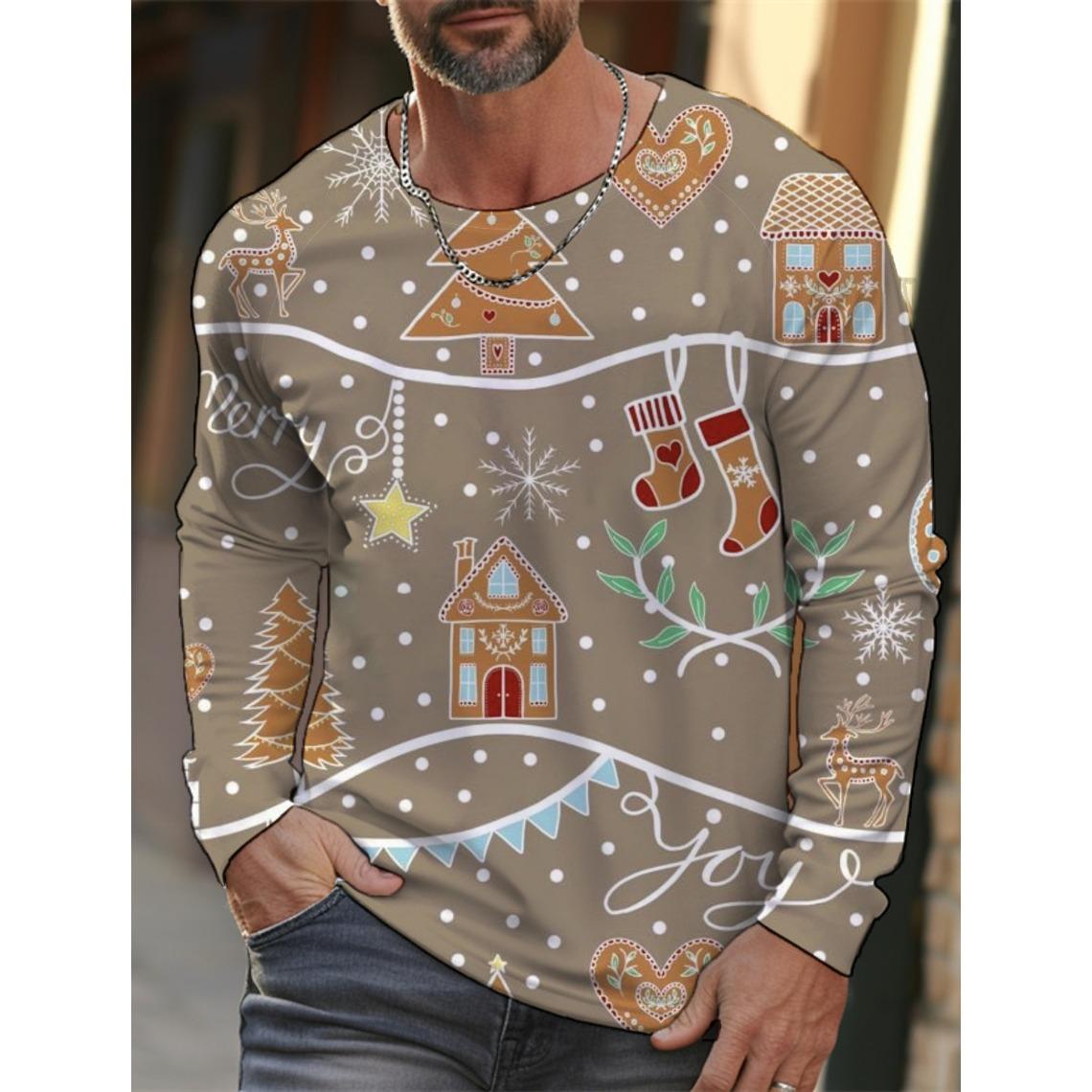 ETST0011 Heren Kerst Sneeuwvlok Print Lange Mouw T-shirt Kerst Cartoon Patroon Sport Casual Schattig Polyester Ronde Hals Lange Mouw XL