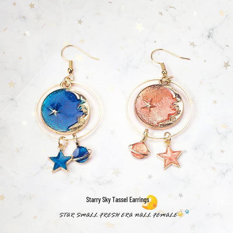 E1382 Boucles d'oreilles asymétriques style japonais et coréen: Ciel étoilé bleu, Lune, Design de planète