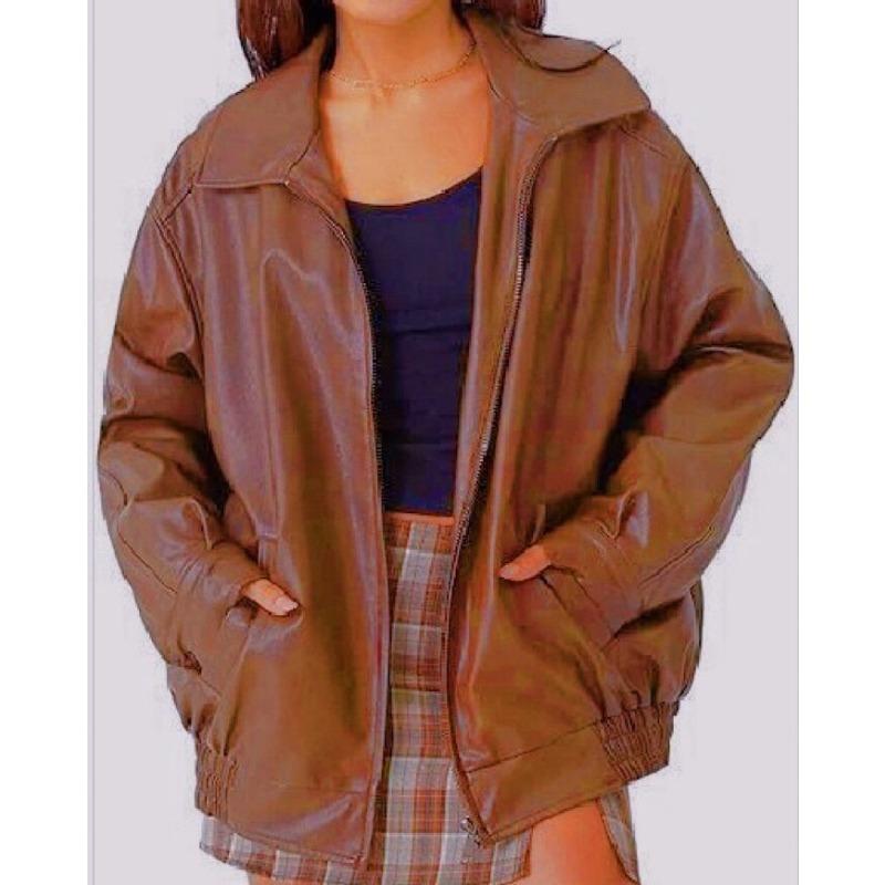 

Кожаная куртка, топ-локомотив, лацкан, эластичный подол на молнии, модная кожаная куртка для мужчин и женщин XXL светло-коричневого