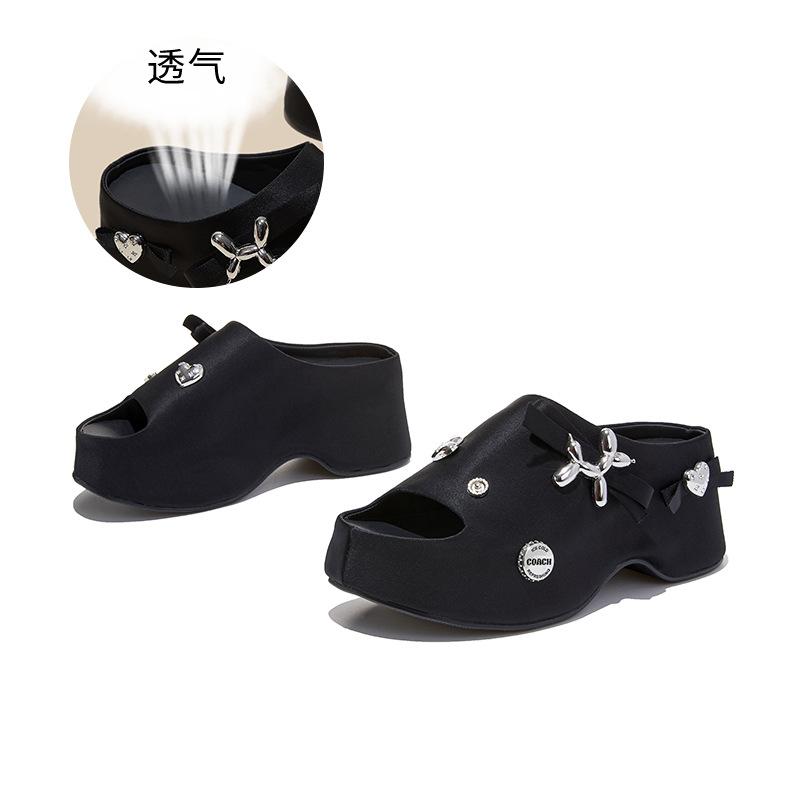 

Suction film bottom boat heel outer slippers women s summer new thick bottom heightening beach women s shoes casual fashion half drag 35 чёрный