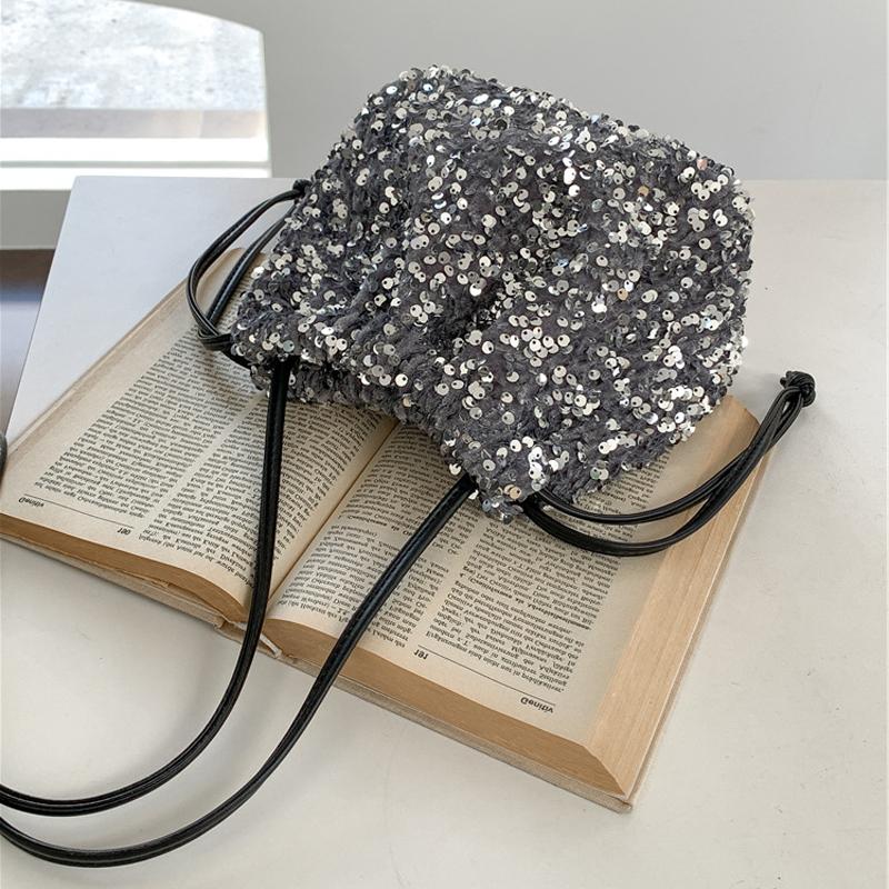 Handheld Bucket Bag, Women's Drawstring Pleated Shoulder Crossbody Bag, Women's Fashionable Colorful Sequin Bag