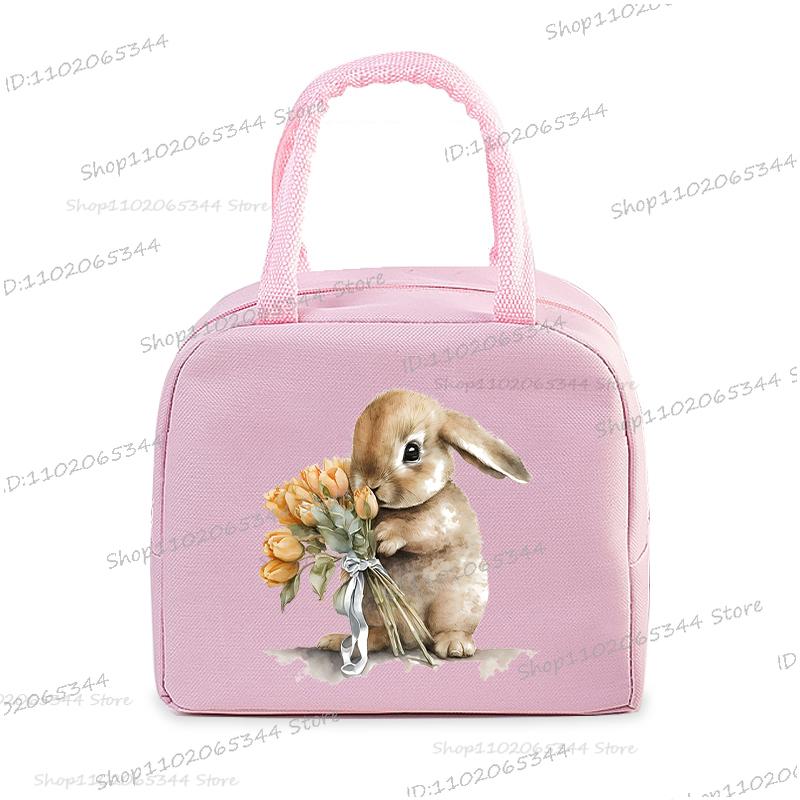 Cartoon Rabbit Series Print Portable Lunch Bag Women Kids Food Thermal Box Multi-function Office Bento Insulated Bunny Handbag