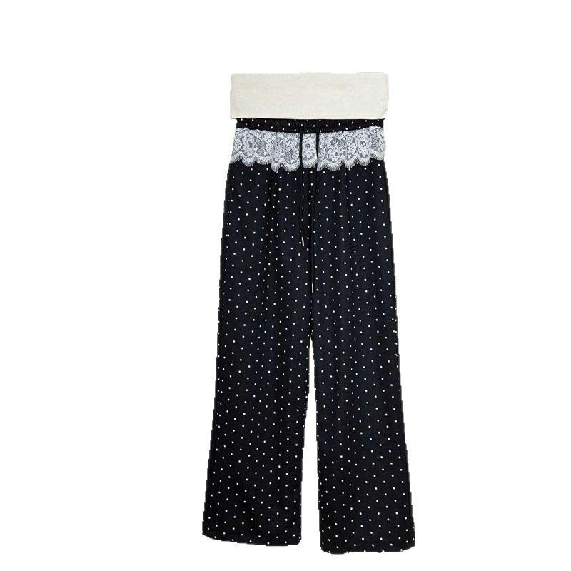 Spring 2025 Patchwork Lace Trim Polka Dot High Waist Loose Straight Wide-Leg Pants