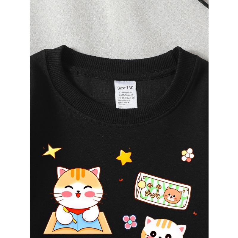European Sizes Girls Soft Crewneck Sweatshirt Cute Cat Reading Books Study Pattern, Casual for Fall Winter, Ideal Holiday Present.