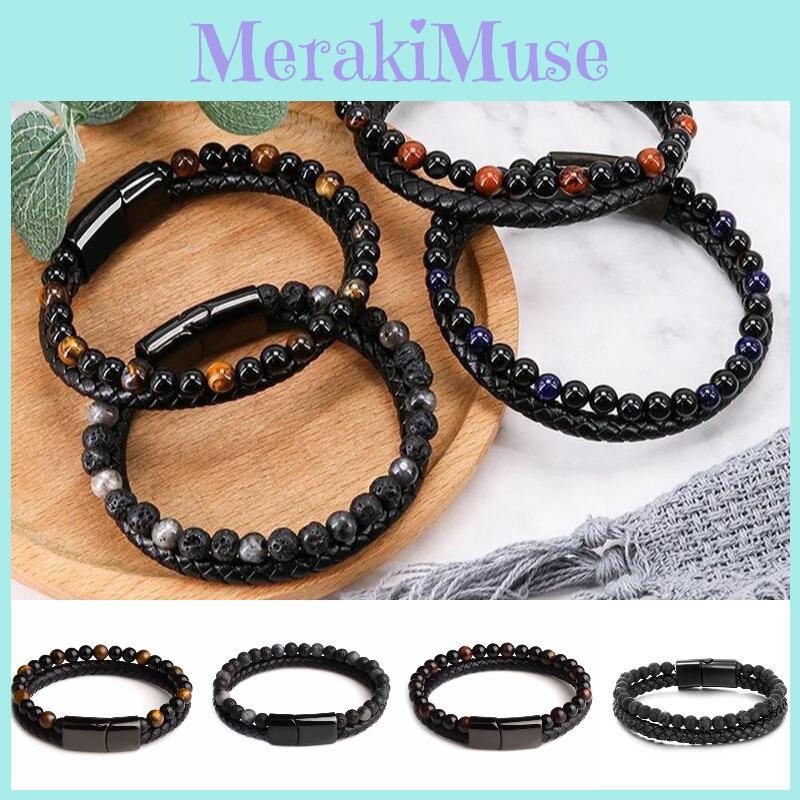 Double 21cm Men Layered Volcanic Stone Beaded Bracelet Alloy Clasp Leather