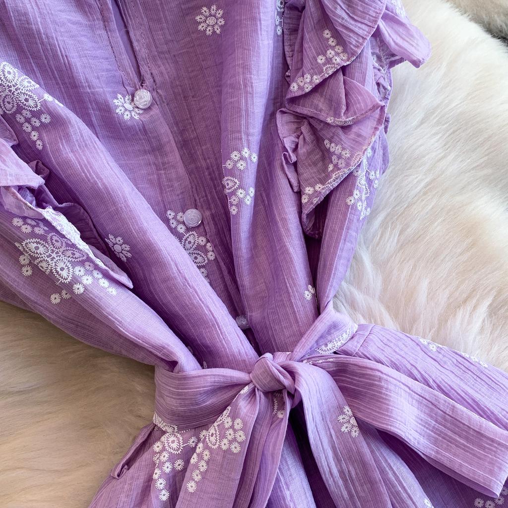 Sweet Stitched Ruffle Hem round Ne Princ Long Dress Women Spring Autumn Belted Waist Women Dress