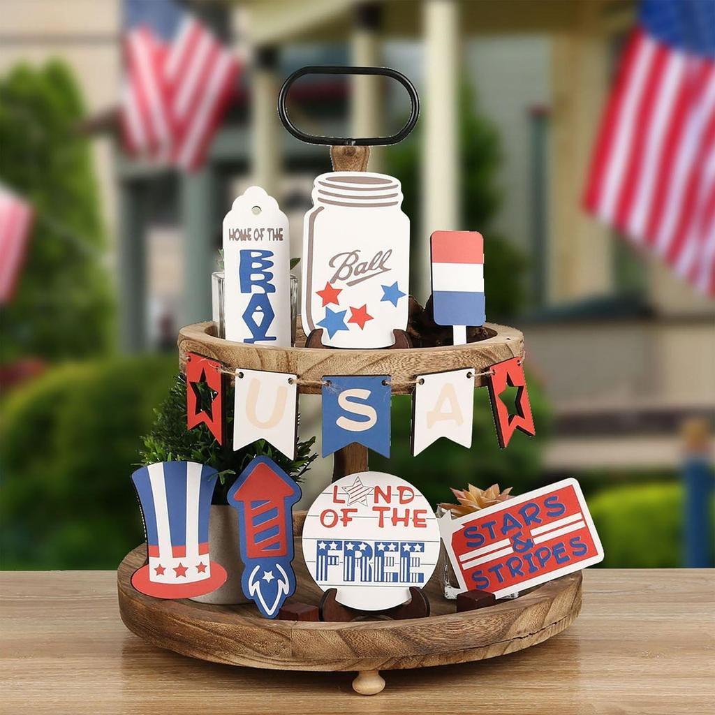 Patriotic Tiered Tray Decor, Independence Day Wooden Sign Decor, American Flag Garland Table Centerpiece, Memorial Day  Decor
